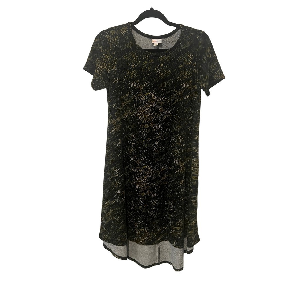 LuLaRoe Carly Dress XXS Green Black Abstract Camo High Low (1075)